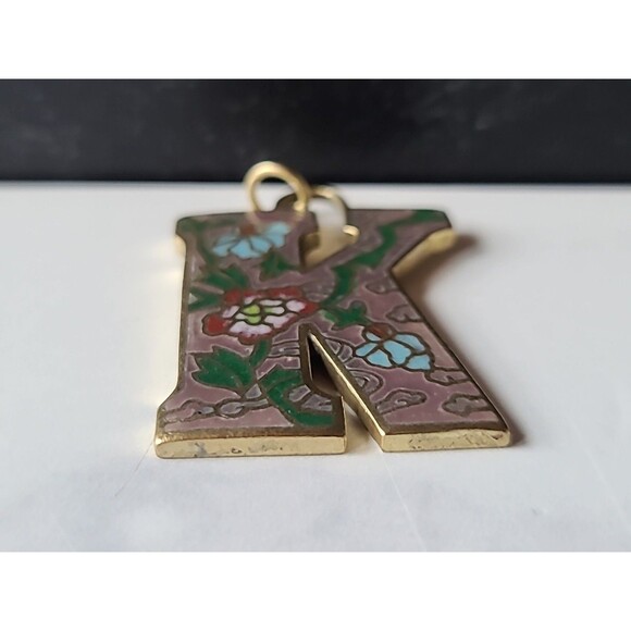 Cloisonne Floral Letter K Shaped Pendant Vintage - Picture 5 of 10